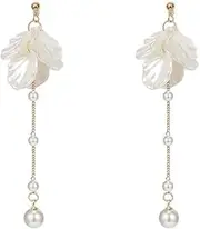 [Generic] Dainty Pearl Long Dangle Drop Earrings for Women Girls Elegant petal Tassel Chain Dangling Hypoallergenic Fashion Jewelry Bride Wedding