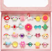 Little Girl Jewel Rings in Box, Adjustable, No Duplication, Girl Pretend Play and Dress Up Rings (24 Lovely Ring), Silicone, No Gemstone