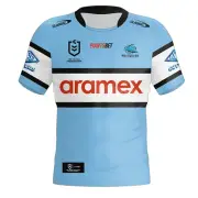 Cronulla Sharks 2024 Home Jersey Sizes Small - 7XL Available Sky/Blk NRL Classic