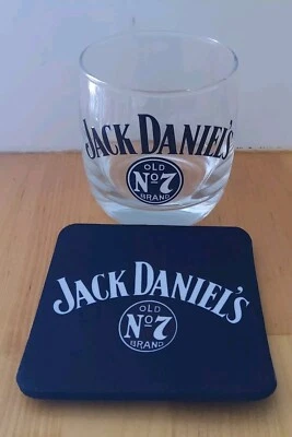 JACK DANIELS No 7 Whisky Glass and Coaster Set. Tumbler. Bourbon Rum. Mancave