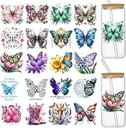 UV DTF Cup Wraps for 16 oz Glass Cups- 20 Sheets Butterfly Uvdtf Cup Wraps Vinyl Decals for Tumblers, Rub on Transfers for Crafts, Cold Transfer Stickers for Mugs Coffee, Bookmarks, Wood Furniture
