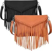 [Buryeah] 2 Pieces Women PU Leather Fringe Purse Boho Crossbody Tassel Purse Vintage Black Tassel Handbags Brown Crossbody Bags Hippie Western Small Shoulder Handbag for Women Girls, Black Brown, One