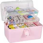 Foldable Multiple Layers Extra Large Plastic Storage Case with Compartments, Crafts Arts Storage Box, Handled Sewing Box, Multipurpose Plastic Box, Pink