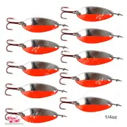 10pcs Fish WOW! Red Silver 1/4oz Fishing Spoon w/ Treble Red Hook Duo Lock Snap