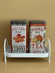 Set of Fall Metal Coffee/Tea Canisters W/Stand