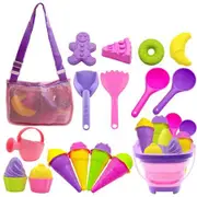 Beach Toys Collapsible Set Sand Bucket Shovels Mesh Bag Molds Ice Cream Travel Sandbox Outdoor Play Kids Ages 3+