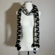 NWT Libby Edelman Long Scarf Black/White Alternating Pattern Pom Pom Ends 7"x88"