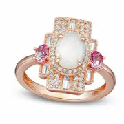 Oval Opal Pink Sapphire and 0.38 CT. T.W. Natural Diamond Antique Vintage-Style Art Deco Ring in Solid 10K Rose Gold