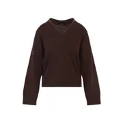 [Fabiana Filippi] Fabiana Filippi-Ebony Brown Virgin Wool V Neck Sweater-Donna 38 IT