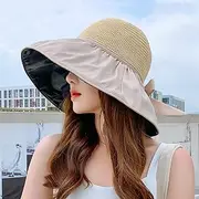[Ling88] Women Foldable Sun Hat Quick Dry Summer Black Glue Bow Sun Hat Female Hollow Straw Hat Uv Protection Big Brim Face Sunscreen Hat Sun Fisherman Hat Outdoor Portable Sunshade Hat,4