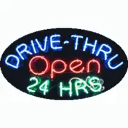 NEW "DRIVE THRU OPEN 24 HRS" 30x17 OVAL REAL NEON BUSINESS SIGN w/OPTIONS 14445