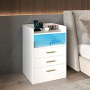 Advwin Set of 2 BedSide Table LED RGB 2 Drawers Nightstand With Charging Station and USB Port White