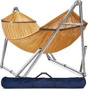 Tranquillo Double Hammock with Stand 650lb Capacity Double Hammock with Spreader Bar, Solid Grade 201 Stainless Steel 30s Set Up, Sturdy Flexible Hammock Stand Portable, Outdoor Indoor, Yellow