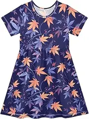 [FRODOTGV] Deep Blue Yellow Leafs Girls Summer Dress Short Sleeve A-line Sundresses for Baby Girls, Deep Blue Yellow Leafs, 4 Years