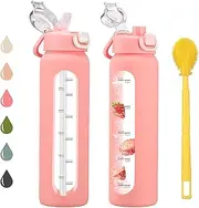 chunmo 32 oz Glass Water Bottles with 2 Lids-Handle Spout Lid & Straw Lid, 1 Liter Motivational Borosilicate Water Bottle with Time Marker and Silicone Sleeve,Leakproof-Pink-1 Pack