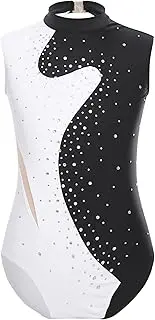 [Miutii] Kids Girls Sleeveless Sparkly Gymnastic Leotard Mock Neck Rhinestone Ballet Dance Skating Unitard Dancewear