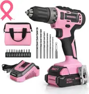 20V Pink Cordless Drill Driver Set, 3/8” Keyless Chuck, 2.0 Ah Li-Ion Battery, 1