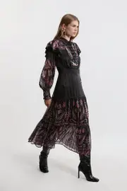 Boho Floral Woven Midaxi Dress With Lace Front Detail