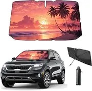 Coricha Windshield Sun Shade Beach Sunset Palm Tree Pink Car Shades for Front Windows 100% Blackout Umbrella Sunshades Car Accessories for Women 57"*31" (Sunset)