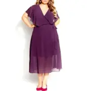 City Chic Womens Dress Size 14 Purple Softly Tied Faux Wrap V Neck Ruffle New