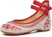 [Gikleihwy] Women's Chinese Traditional Style Embroidery Shoes Ankle Strap Mary Jane Flats Rubber Sole Pumps Shoes Bamboo Embroidery Blossom Dress Shoes(Red,8.5 US)