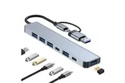 Aluminum 7 in 1 USB Hub USB C Hub with USB 3.0, Multiport USB Splitter Adapter with 5 USB 2 USBC Ports for MacBook, ipad, Laptop, PS4, Flash Drive, HDD, Xbox, Printer, Mouse, Keyboard, HP(Gray)