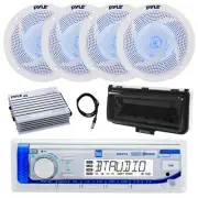 Marine Receiver, Amp, 4x 4" 100W Blue Flash LED Speakers, Antenna, Cover (White)