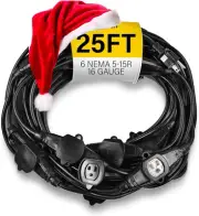 Flexible 25ft Extension Power Cord with 6 Outlets – Perfect for Holidays