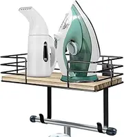THYGIFTREE Ironing Board Hanger Wall Mount, Ironing Board Holder with Shelf, Ironing Board Wall Mount with Storage Wooden Basket & Removable Hook, for Laundry Room Living Room Bathroom