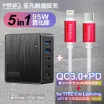 【MINIQ】AC-DK200T氮化鎵五孔2A3C 95W 充電器黑+NEXSON 蘋果認證 TYPE-C TO LIGHTNING-紅色