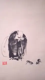 Ink Painting, Hotebukuro Cock-Fighting Drawing, Swordsman Miyamoto Musashi'S Bru