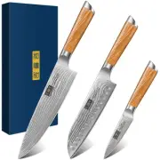 Damascus Kitchen Knife Set 3-Piece, Ultra Sharp 8" Chef Knife, 7" Santoku Kni...