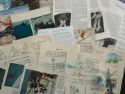 Winter Snow Ski Skating Book pages cutouts stamps ephemera, collage junk journal