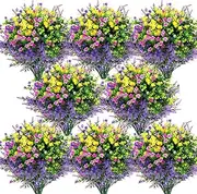 BIGFIS 24 Pcs Bundles Artificial Flowers Outdoor, Faux Artificial Plants Shrubs Plastic Flower Bulk for Hanging Planter Porch Window Home Wedding Fall Summer Decor (24, Multiple Color)