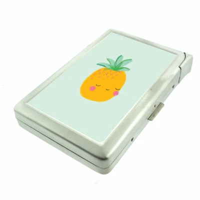 Happy Pineapple Em1 100's Size Cigarette Case with Built in Lighter Metal Wallet