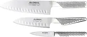 Global 3 Piece Santoku Kitchen Knife Set, 18cm Santoku Knife, 13cm Santoku Knife & 8cm Paring Knife, Made in Japan