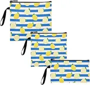 Blue White Striped Fruit Lemon Pack of 3 Reusable Zipper Snack Bag Portable Food Storage Bags for Camp Friends and Gear