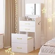 Dystler 3 in 1 Vanity Desk with Plip Top Mirror, Small Makeup Vanity Set with Visible Glass Desktop, Compact Make Up Vanity with 3 Drawers, Cushioned Tool, Dressing Table for Bedroom