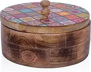 Handcrafted Wooden Mexican Tortilla Warmer Basket Indian Chapati Roti Bread Holder Box Pancake Keeper Serveware Hot Pot Casserole Dish With Lid Home Kitchen Dining Decor, Antique, 9 x 3 Inches