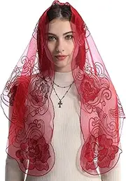 [Bozidol] Catholic Mantille Mass Veil Church Lace Chapel Veil Velos para ir a la iglesia with Hair Clips (Red), red, One size