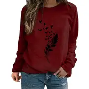Nevenka Womens Casual Long Sleeve T-Shirt Crew Neck Pullover-WineRed Black
