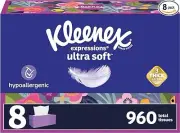 Kleenex Expressions Ultra Soft Facial Tissues, 960 tissues 3 Ply (8 Flat Boxes)
