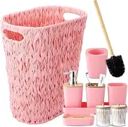 Bathroom Accessories Set Pink Bathroom Set with Wicker Trash Can, 3.2Gallon Wicker Waste Basket Handwoven Pink Trash Can for Bedroom, Bathroom