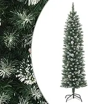 vidaXL Green and White Slim Artificial Christmas Tree with Stand, 210 cm High, Snow-Flocked with 450 Tips and Cones