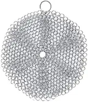 Cast Iron Scrubber, 7 Inches Diameter, Round Stainless Steel, Lightweight, Flexible Chainmail Scrubber, Cleans Cookware with No Scratches or Residue