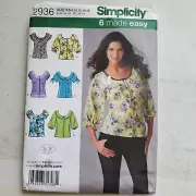 Simplicity Pattern 2936 Top Blouse Button-Up Scoop Neck Misses 8 - 16 UNCUT