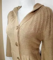 WOMENS BCBG MAX AZRIA SWEATER TAN CAMEL $180 BUTTON UP hooded 3/4 SLEEVE M MD