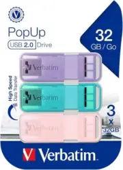 3pc Verbatim Pop-Up USB Sticks 2.0 32GB Triple Pack Pastel Colours 57x9mm Assort