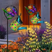 Solar Watering Kettle Light with Colorful Butterfly Shepherd Hook Waterproof Solar Garden Light Wrought Iron LED Outdoor Garden Light for Courtyard Terrace Sid