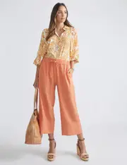 Katies Full Length Contrast Trim Linen Blend Pants